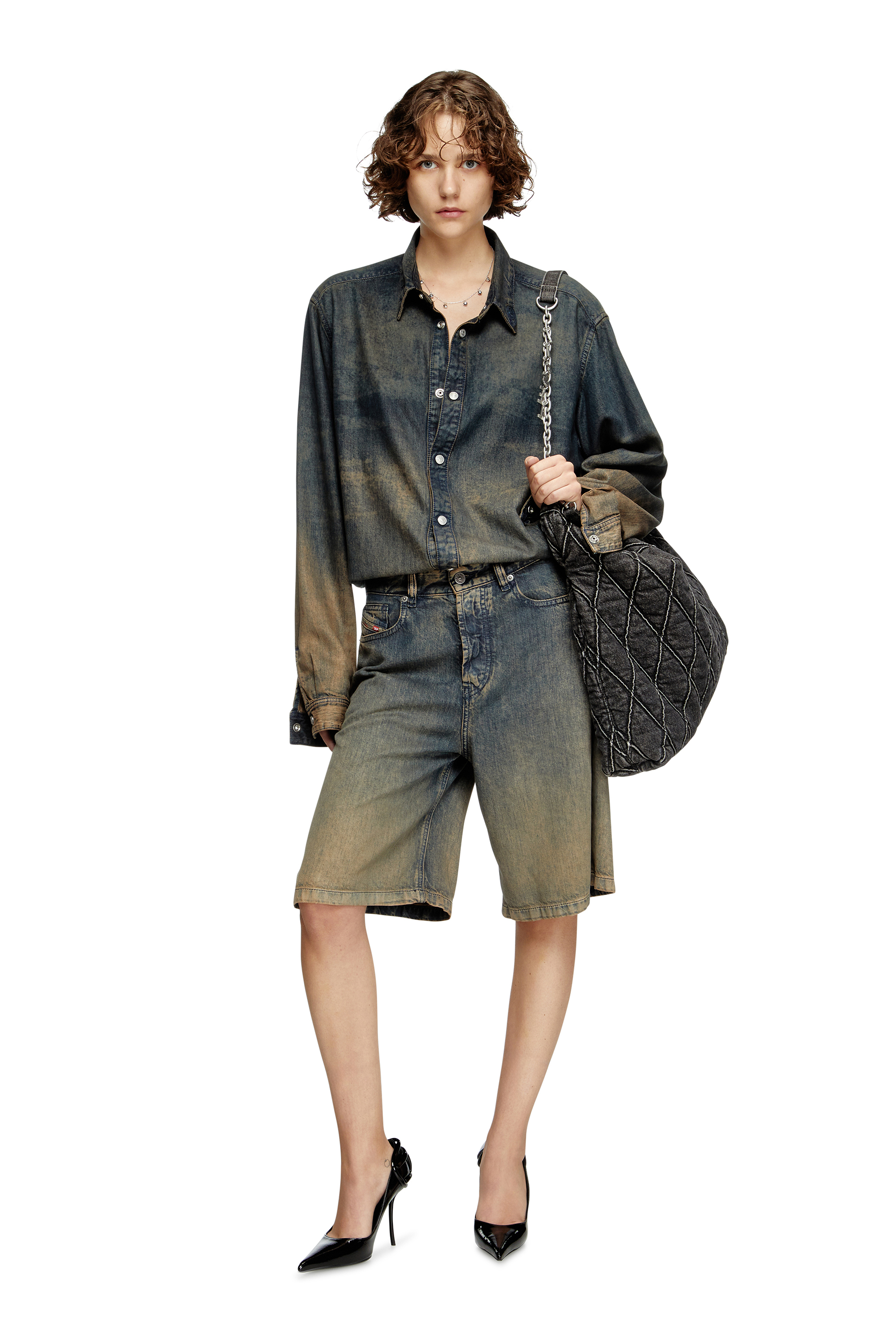 Diesel - CHARM-D HOBO, Woman's Large hobo in treated quilted denim in Black - 2