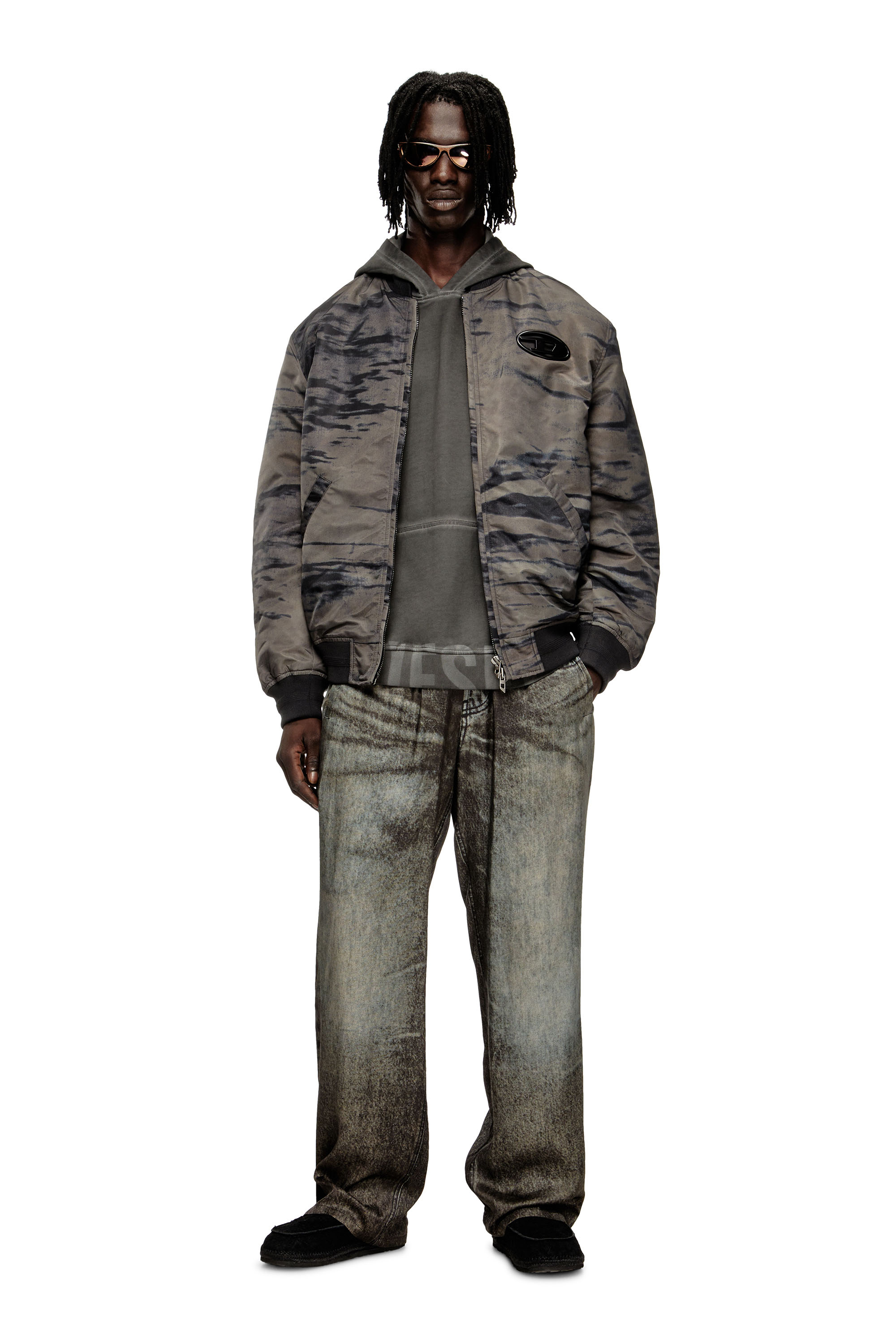 Diesel - J-KEPES-DLBZ, Man's Padded bomber jacket in printed satin in Black/Grey - 2