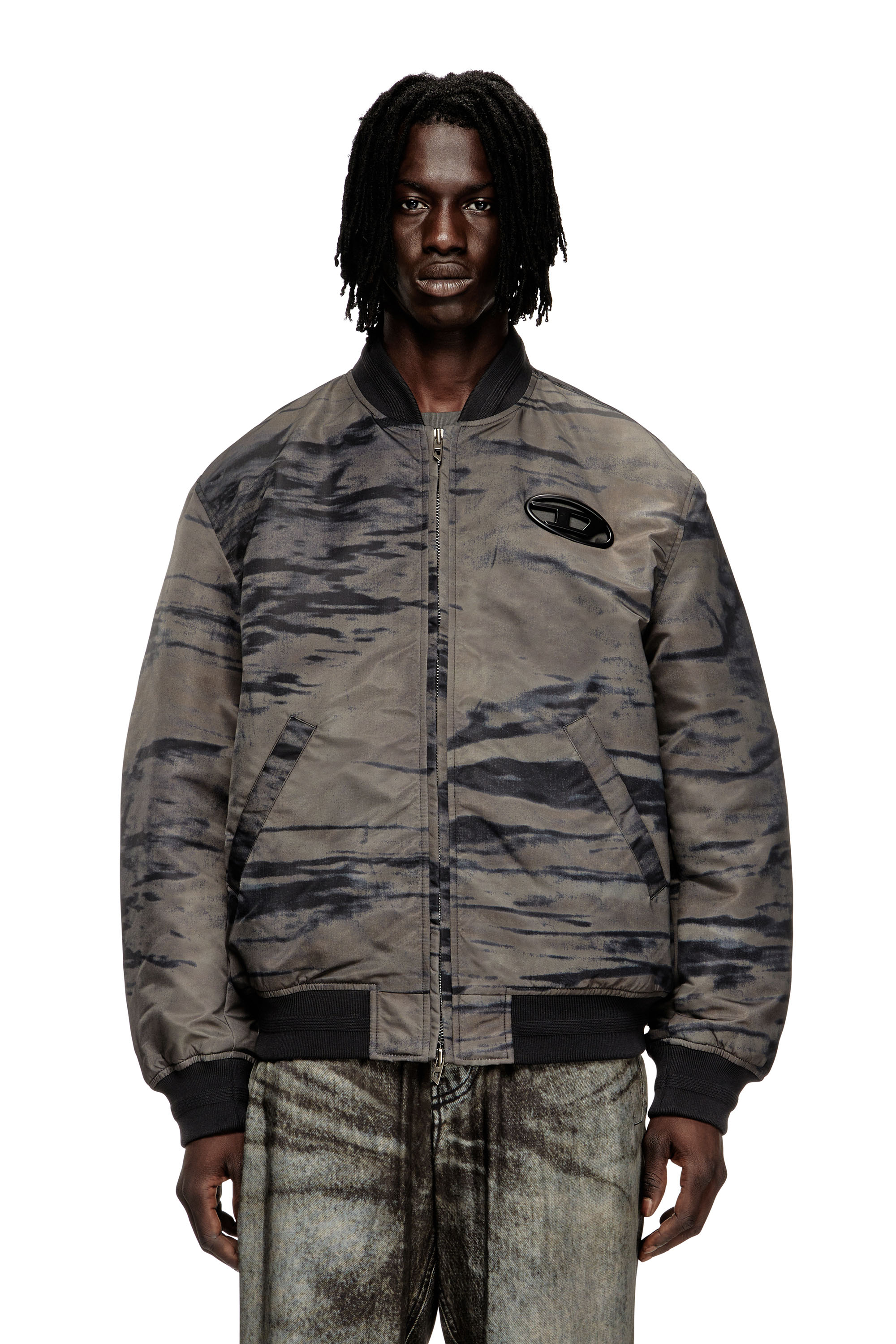Diesel - J-KEPES-DLBZ, Man's Padded bomber jacket in printed satin in Black/Grey - 1